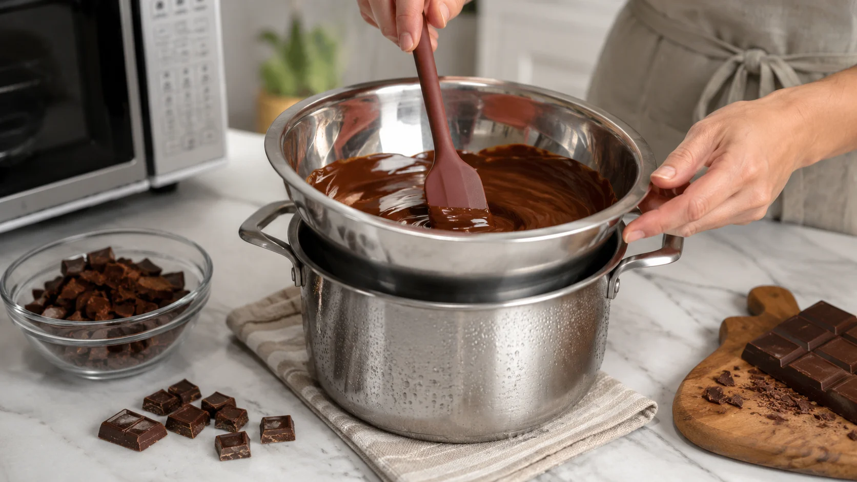 Chocolate sendo derretido em banho-maria, mostrando como derreter chocolate sem queimar ou perder o brilho.