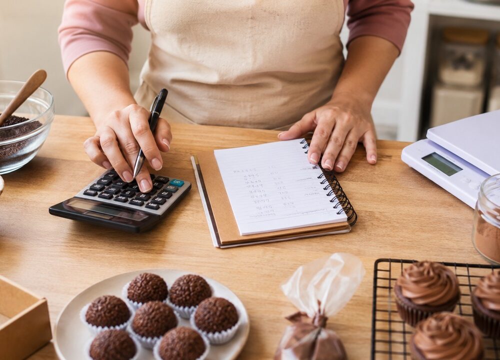 Confeiteira anotando custo de doces com calculadora e caderno; brigadeiros em forminhas e cupcakes na bancada de madeira