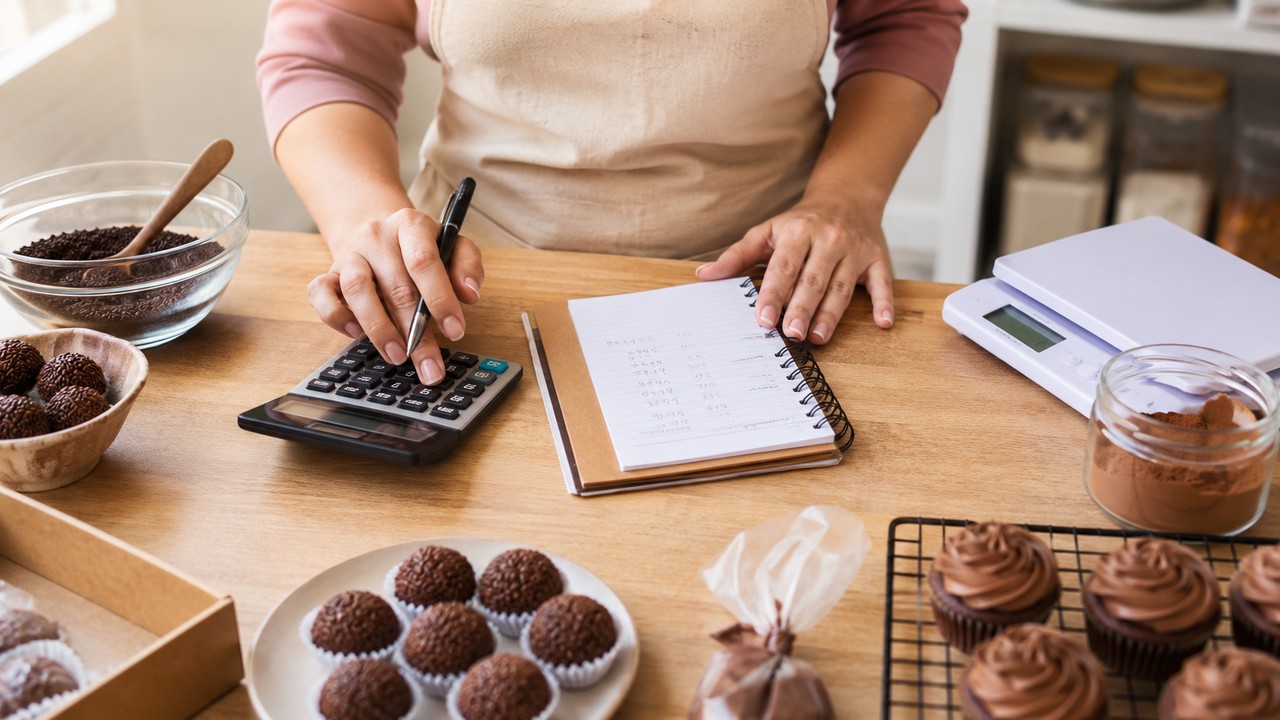 Confeiteira anotando custo de doces com calculadora e caderno; brigadeiros em forminhas e cupcakes na bancada de madeira