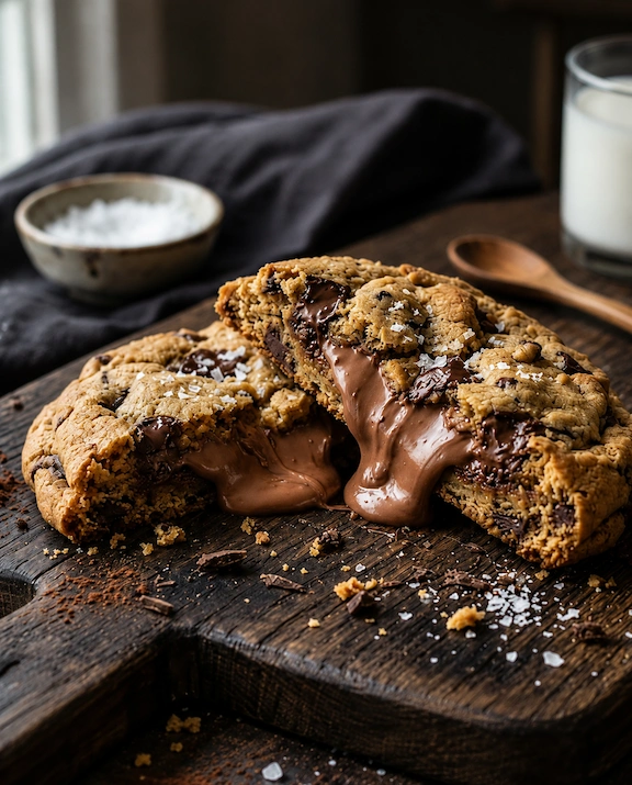 Cookie grande estilo NY cortado ao meio sobre tábua de madeira escura, com creme de avelã escorrendo, gotas de chocolate e flor de sal em destaque.
