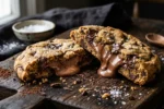 Cookie grande estilo NY cortado ao meio sobre tábua de madeira escura, com creme de avelã escorrendo, gotas de chocolate e flor de sal em destaque.