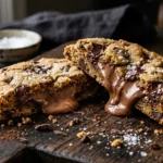Cookie grande estilo NY cortado ao meio sobre tábua de madeira escura, com creme de avelã escorrendo, gotas de chocolate e flor de sal em destaque.