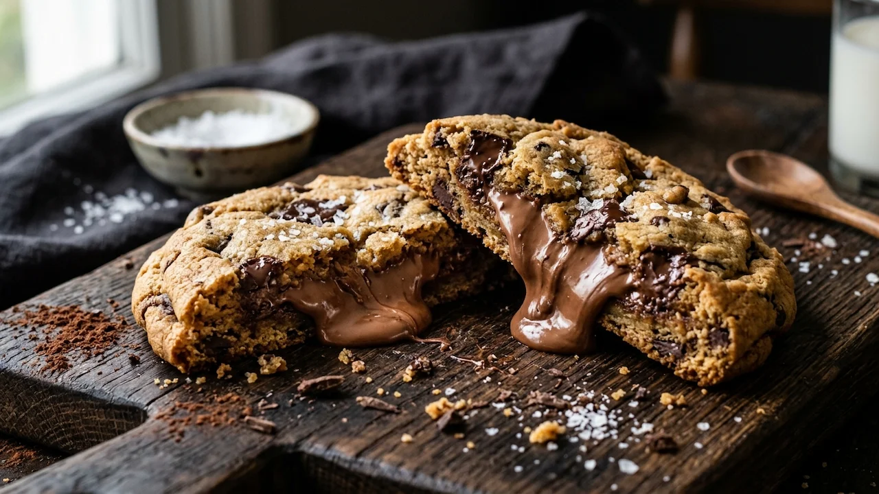 Cookie grande estilo NY cortado ao meio sobre tábua de madeira escura, com creme de avelã escorrendo, gotas de chocolate e flor de sal em destaque.