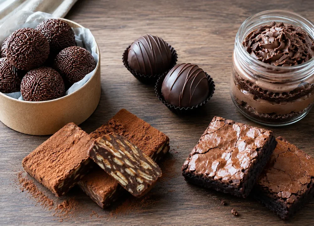 Doces caseiros artesanais de chocolate com brigadeiros, trufas, bolo de pote, palha italiana e brownies sobre madeira em luz natural matinal.