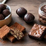 Doces caseiros artesanais de chocolate com brigadeiros, trufas, bolo de pote, palha italiana e brownies sobre madeira em luz natural matinal.