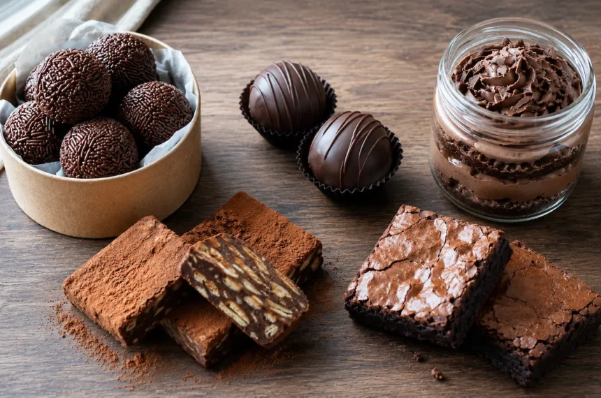 Doces caseiros artesanais de chocolate com brigadeiros, trufas, bolo de pote, palha italiana e brownies sobre madeira em luz natural matinal.