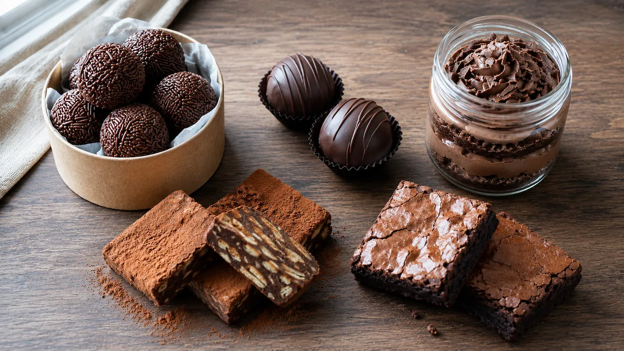 Doces caseiros artesanais de chocolate com brigadeiros, trufas, bolo de pote, palha italiana e brownies sobre madeira em luz natural matinal.