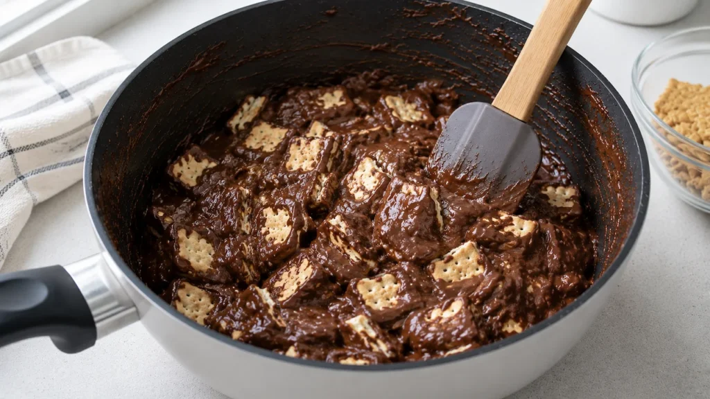 incorporar biscoito na palha Biscoito maisena sendo incorporado à massa de palha italiana, ainda em pedaços visíveis dentro da panela.