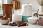 Ingredientes de confeitaria com chocolate em barra, farinha de trigo, açúcar e cacau em pó organizados sobre bancada clara com iluminação natural lateral.