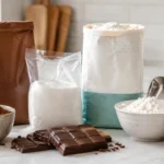 Ingredientes de confeitaria com chocolate em barra, farinha de trigo, açúcar e cacau em pó organizados sobre bancada clara com iluminação natural lateral.