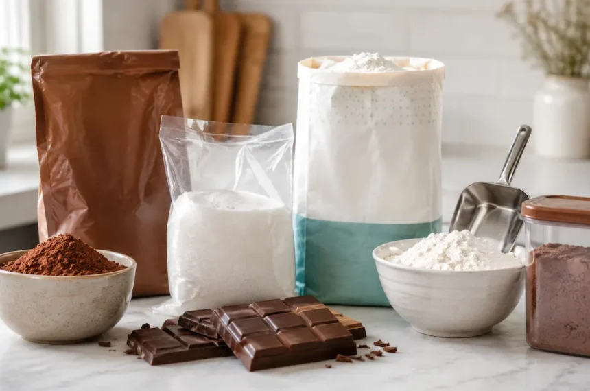 Ingredientes de confeitaria com chocolate em barra, farinha de trigo, açúcar e cacau em pó organizados sobre bancada clara com iluminação natural lateral.