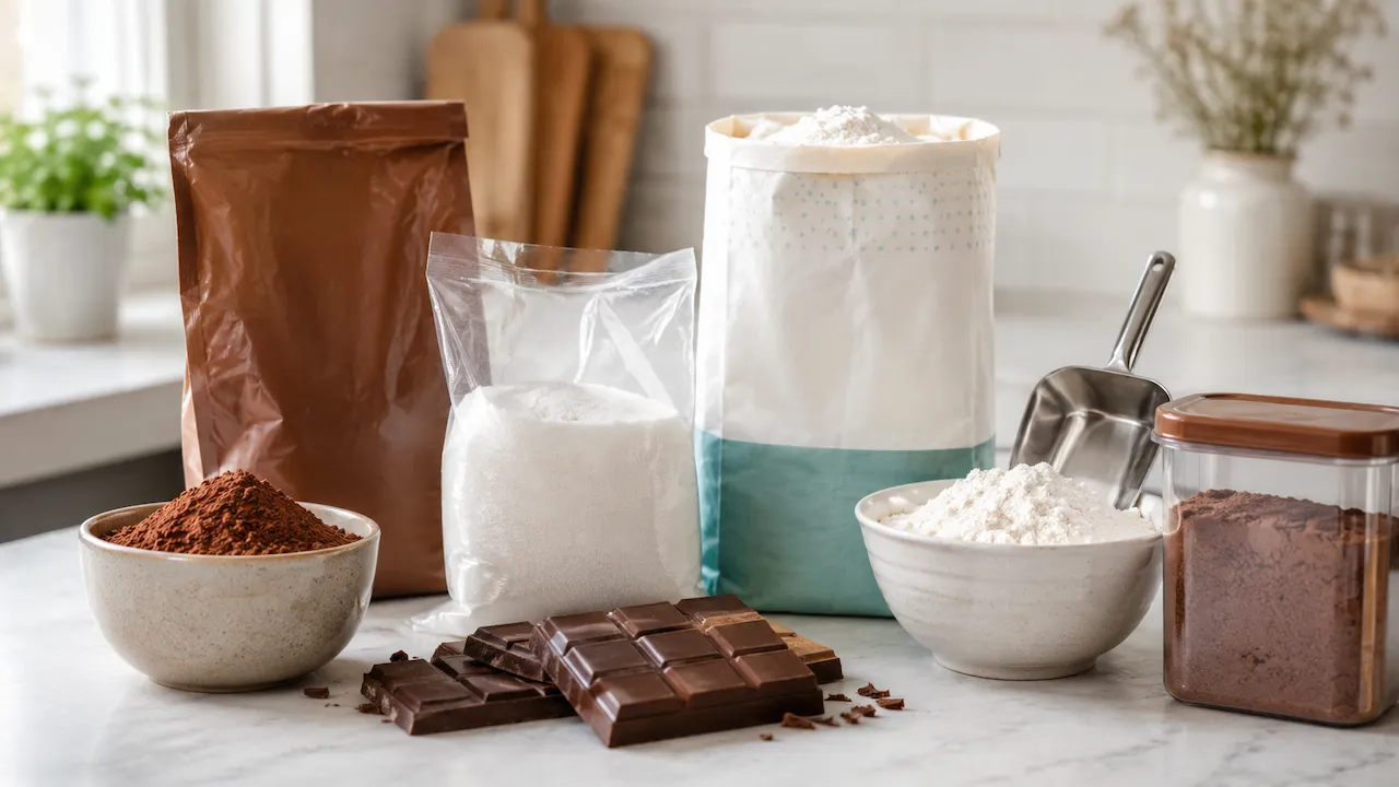 Ingredientes de confeitaria com chocolate em barra, farinha de trigo, açúcar e cacau em pó organizados sobre bancada clara com iluminação natural lateral.
