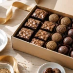 Caixa kraft aberta com kit festa de doces artesanal, brownies de casquinha brilhante, brigadeiros gourmet e trufas sobre mesa clara com iluminação matinal natural.