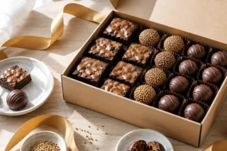 Caixa kraft aberta com kit festa de doces artesanal, brownies de casquinha brilhante, brigadeiros gourmet e trufas sobre mesa clara com iluminação matinal natural.