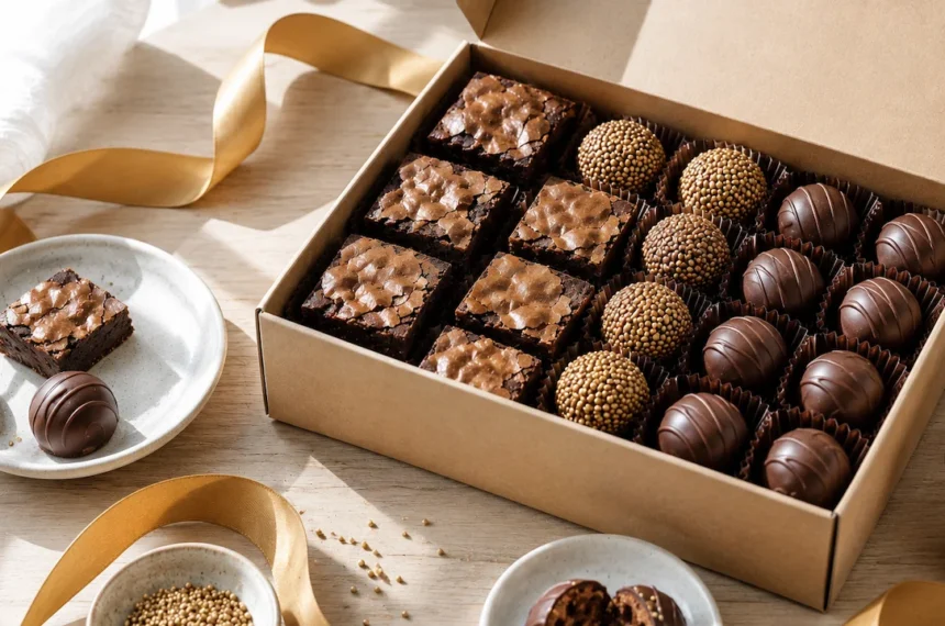 Caixa kraft aberta com kit festa de doces artesanal, brownies de casquinha brilhante, brigadeiros gourmet e trufas sobre mesa clara com iluminação matinal natural.