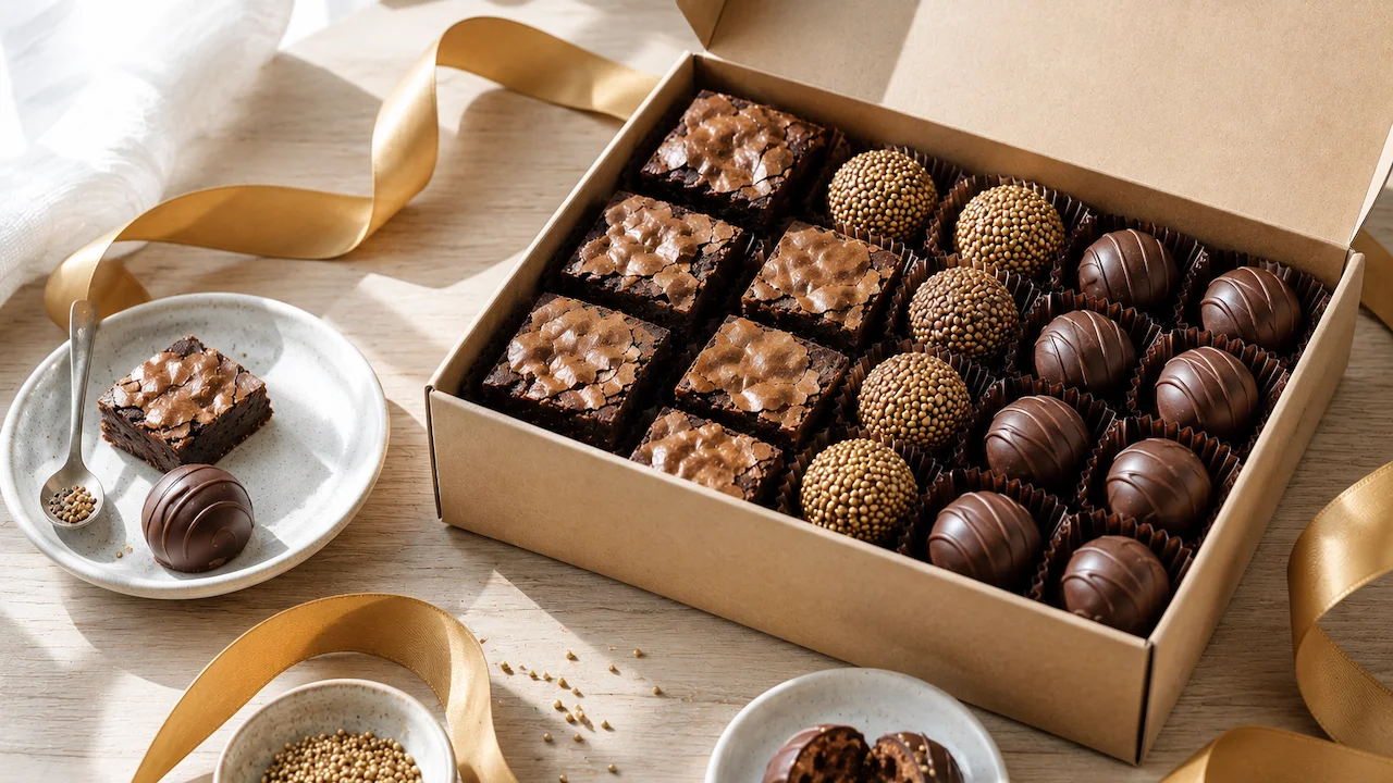 Caixa kraft aberta com kit festa de doces artesanal, brownies de casquinha brilhante, brigadeiros gourmet e trufas sobre mesa clara com iluminação matinal natural.