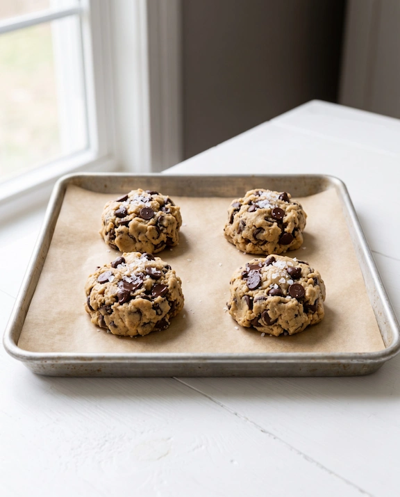 Quatro porções de massa de cookie estilo Nova York com gotas de chocolate e flor de sal sobre assadeira forrada com papel manteiga, prontas para assar.