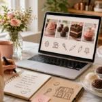 Confeiteira criando nomes para confeitaria com IA no laptop, caderno de ideias, bolo rosa e brigadeiros na bancada.