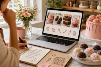 Confeiteira criando nomes para confeitaria com IA no laptop, caderno de ideias, bolo rosa e brigadeiros na bancada.
