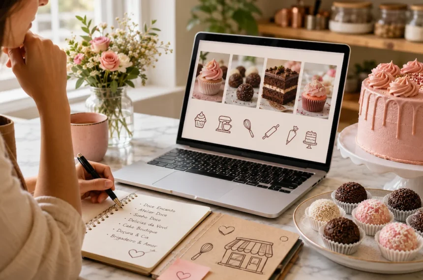Confeiteira criando nomes para confeitaria com IA no laptop, caderno de ideias, bolo rosa e brigadeiros na bancada.