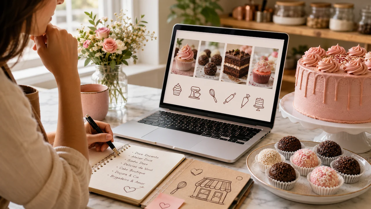Confeiteira criando nomes para confeitaria com IA no laptop, caderno de ideias, bolo rosa e brigadeiros na bancada.