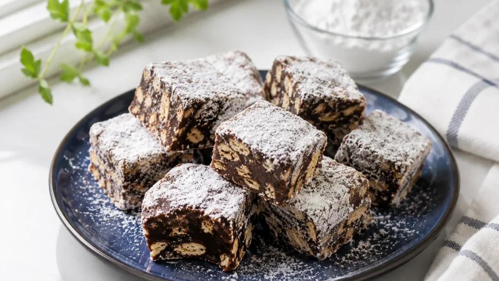 palha italiana finalizada Palhas italianas cortadas em quadrados e cobertas com açúcar de confeiteiro, prontas para servir ou embalar.