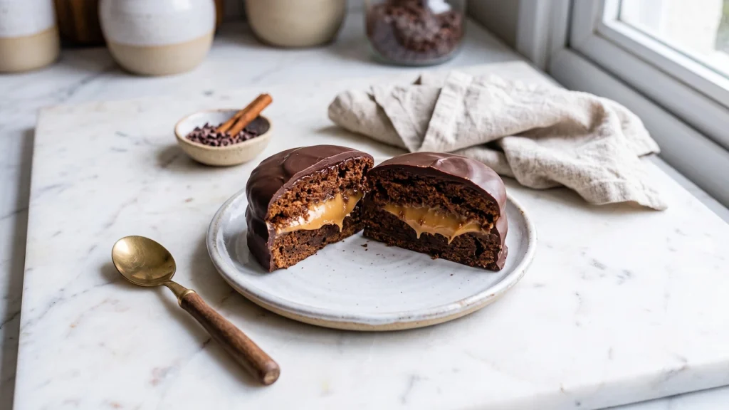 Pão de mel recheado com doce de leite cortado ao meio sobre prato de cerâmica, destacando o recheio cremoso e a cobertura de chocolate em bancada de mármore com luz natural.