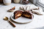 Pão de mel recheado com doce de leite cortado ao meio sobre prato de cerâmica, destacando o recheio cremoso e a cobertura de chocolate em bancada de mármore com luz natural.