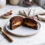 Pão de mel recheado com doce de leite cortado ao meio sobre prato de cerâmica, destacando o recheio cremoso e a cobertura de chocolate em bancada de mármore com luz natural.