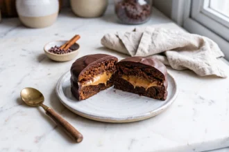 Pão de mel recheado com doce de leite cortado ao meio sobre prato de cerâmica, destacando o recheio cremoso e a cobertura de chocolate em bancada de mármore com luz natural.
