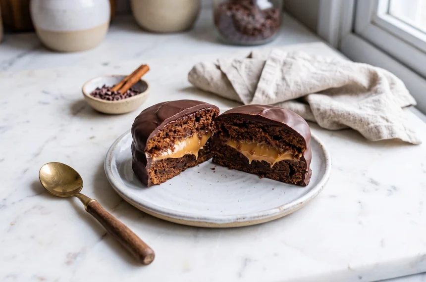 Pão de mel recheado com doce de leite cortado ao meio sobre prato de cerâmica, destacando o recheio cremoso e a cobertura de chocolate em bancada de mármore com luz natural.