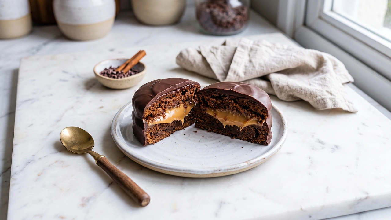 Pão de mel recheado com doce de leite cortado ao meio sobre prato de cerâmica, destacando o recheio cremoso e a cobertura de chocolate em bancada de mármore com luz natural.