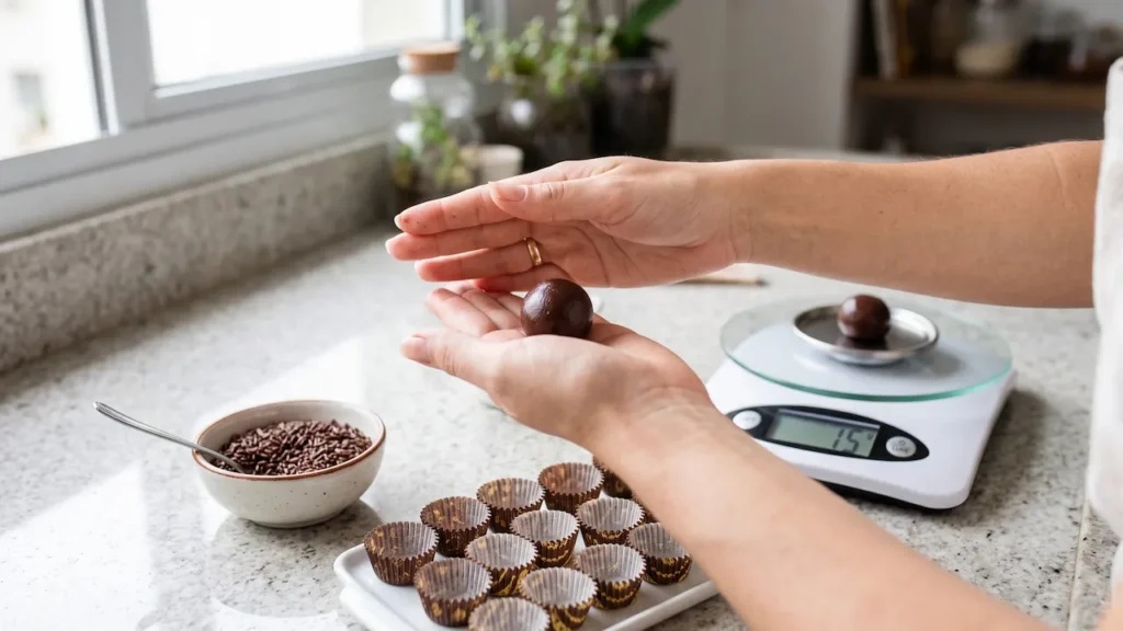 Mãos modelando um brigadeiro ao lado de uma balança digital marcando 15 gramas, com forminhas e granulado sobre a bancada.