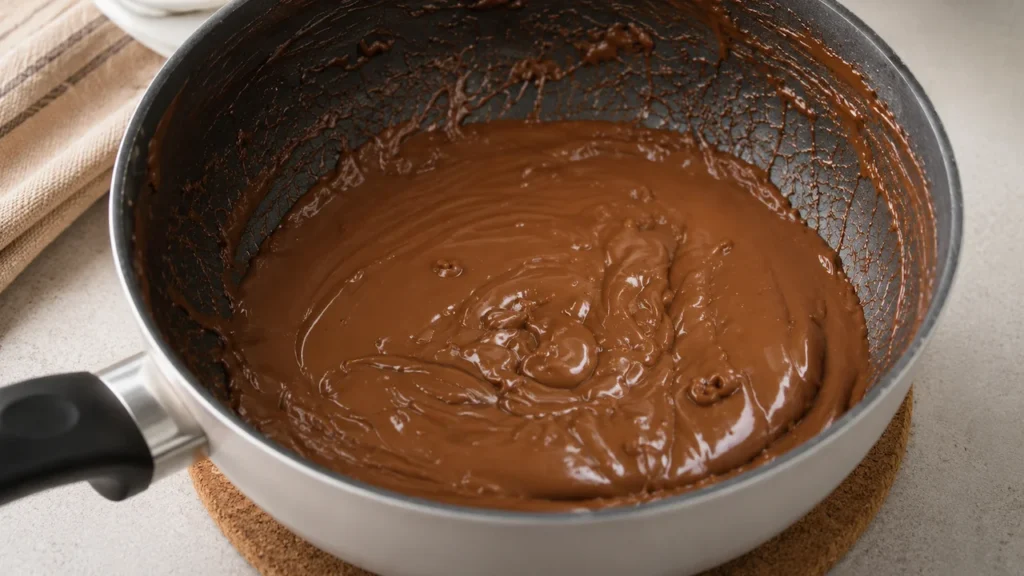 ponto do brigadeiro ponto de brigadeiro mole, com rastro da espátula visível no fundo.