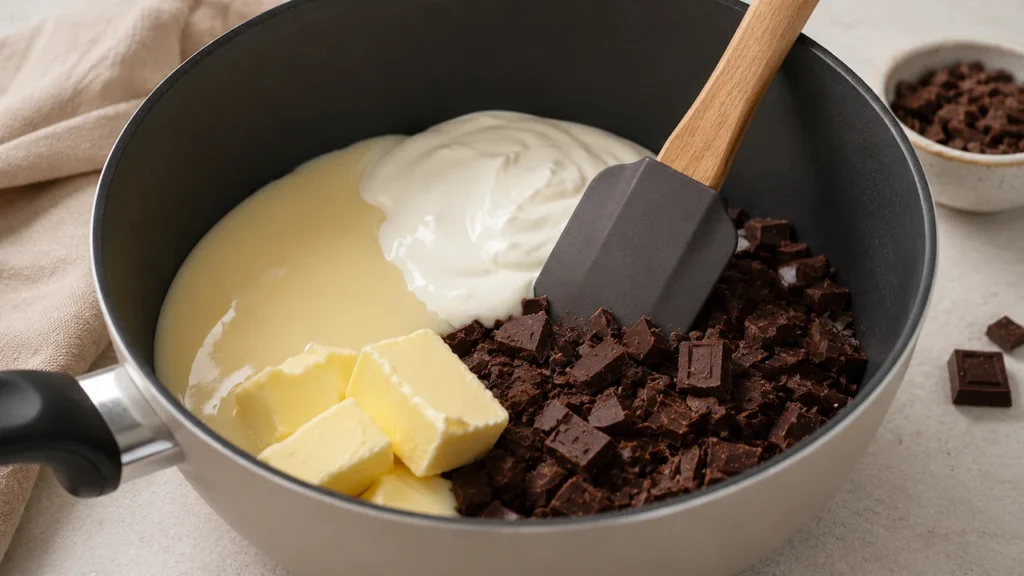 preparar base da palha Panela com leite condensado, creme de leite, chocolate meio amargo e manteiga para preparar a base da palha italiana.