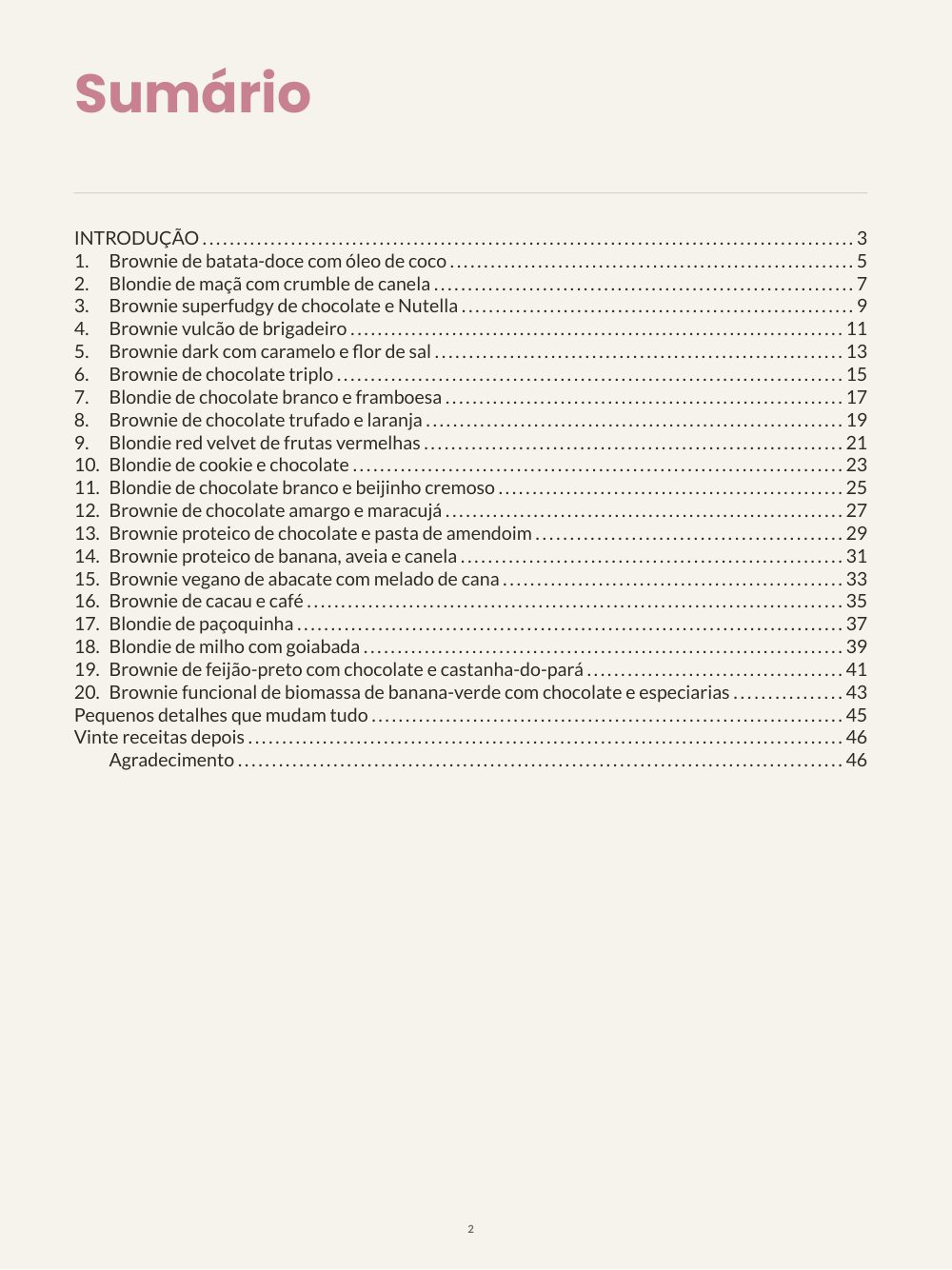 Sumário com as 20 receitas do livro