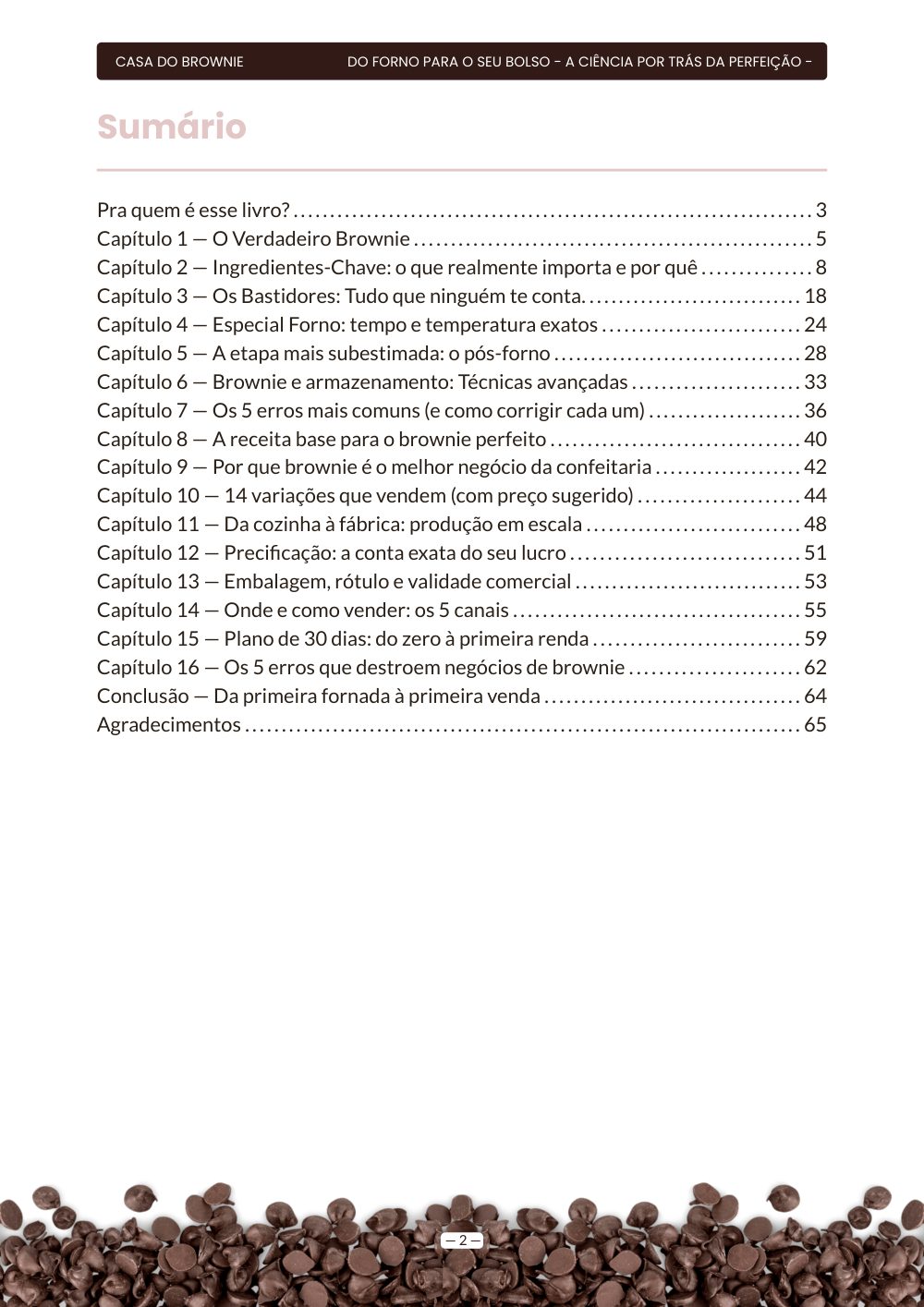 Sumário do livro Brownie Perfeito e Lucrativo
