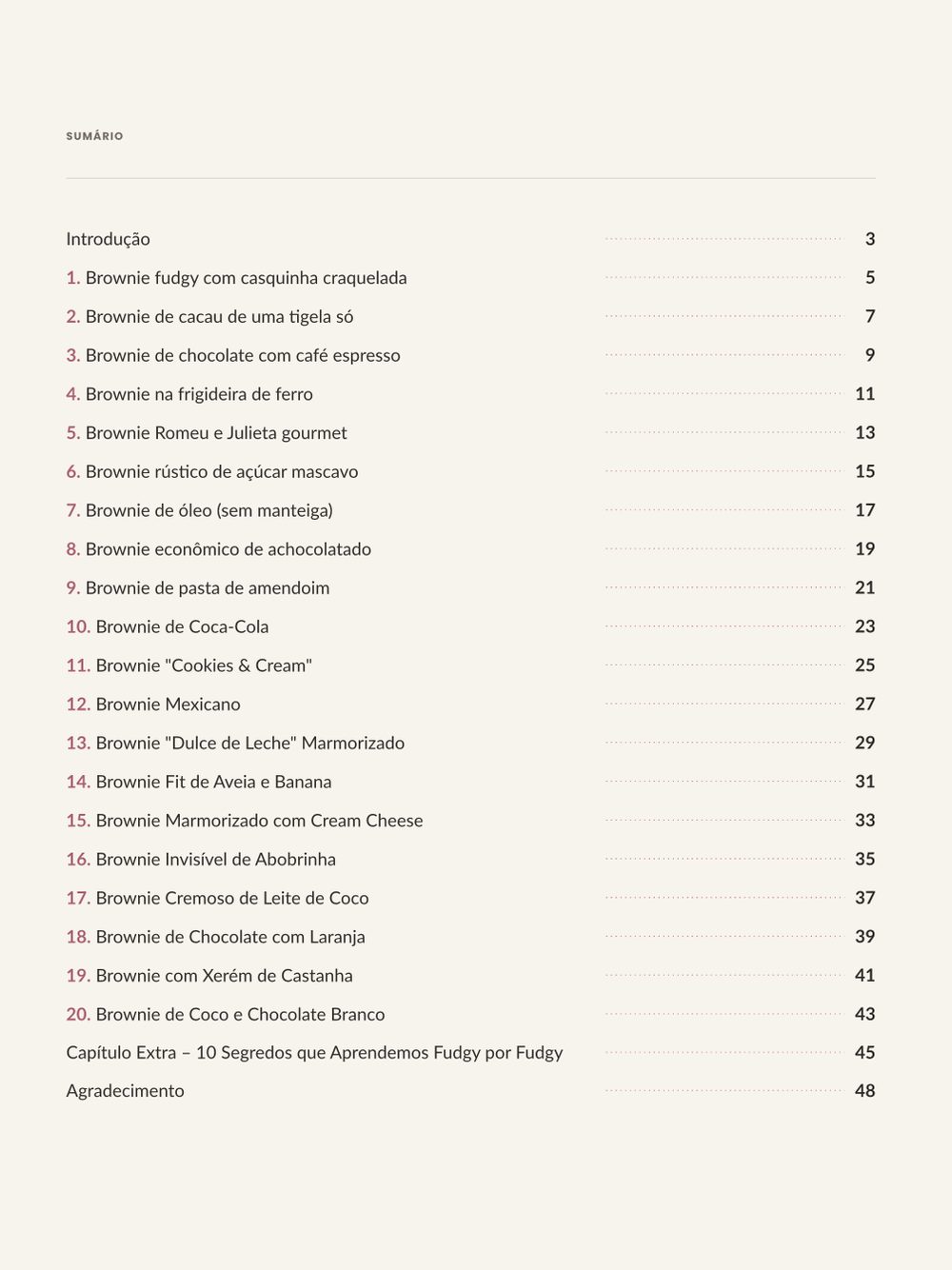 Sumário com as 20 receitas do livro